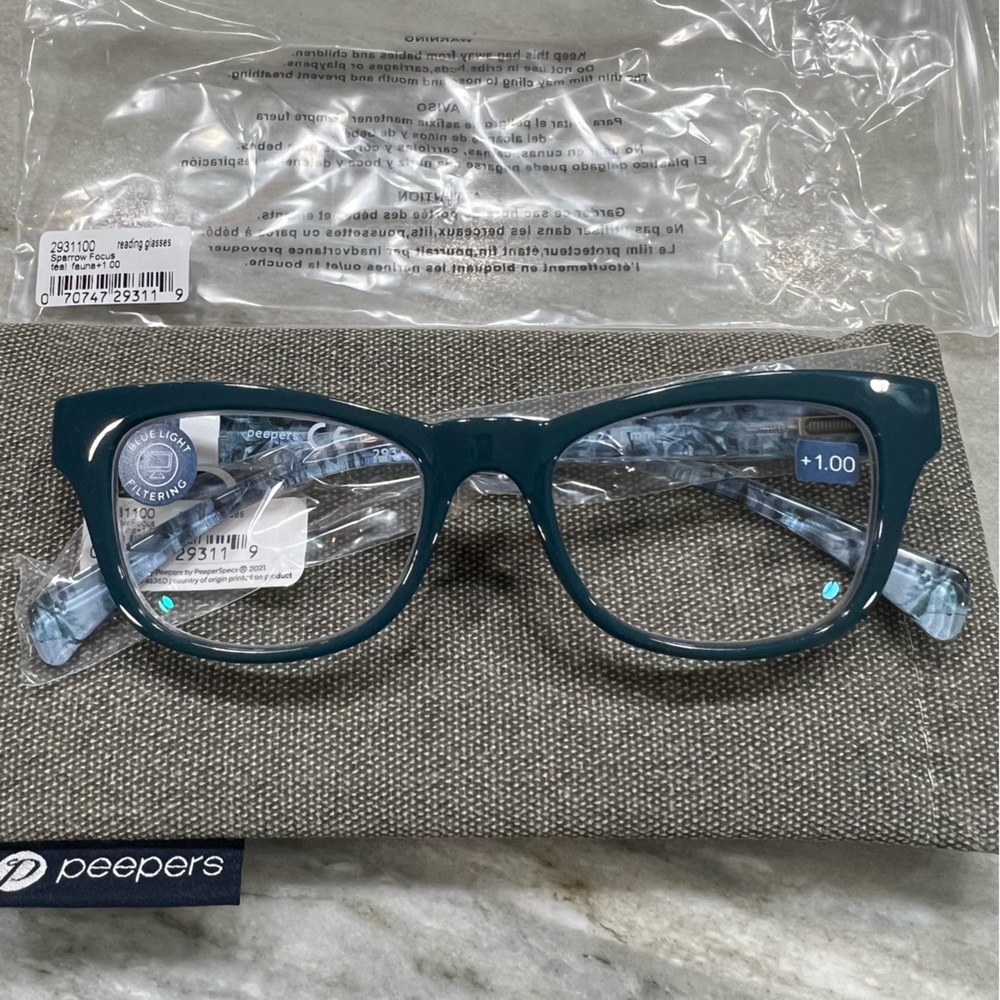 NWT Peepers Sparrow Teal Blue Light Readers 1.00 Strength cat Eye Glasses Oprah